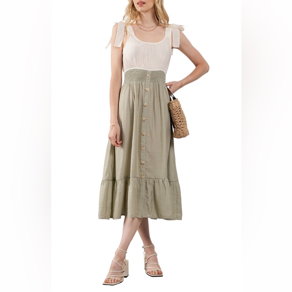 Blu Pepper Olive Green Button-Front Midi Dress with Cream Bodice